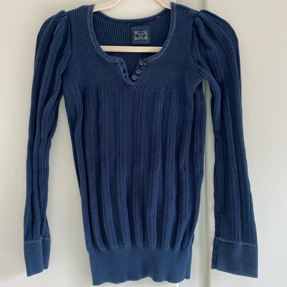 Vintage Y2K Decree Dark Blue Large Ribbed Henley Sweater Feminine Cotton L